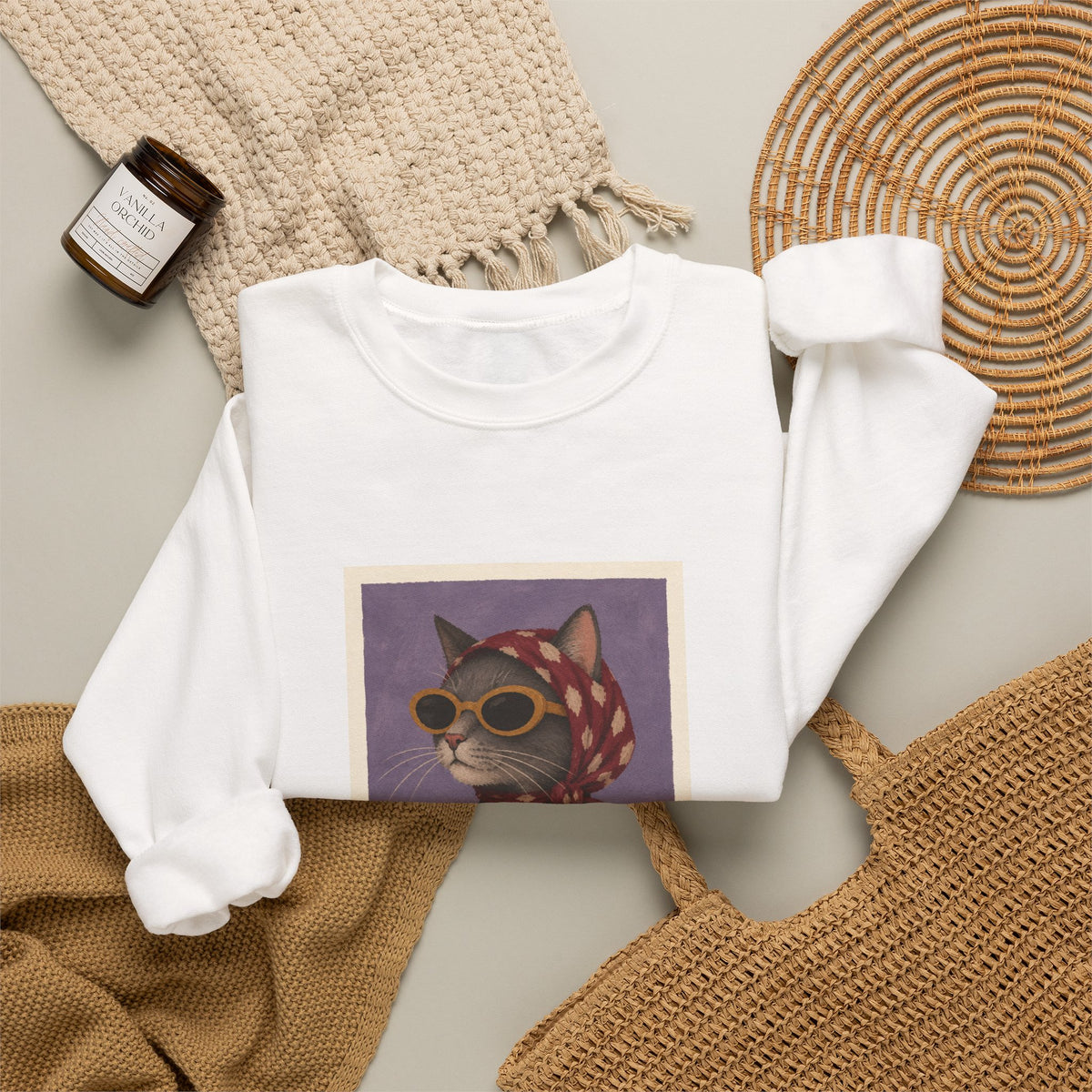 Retro Sunglasses and Headscarf Cat Sweatshirt